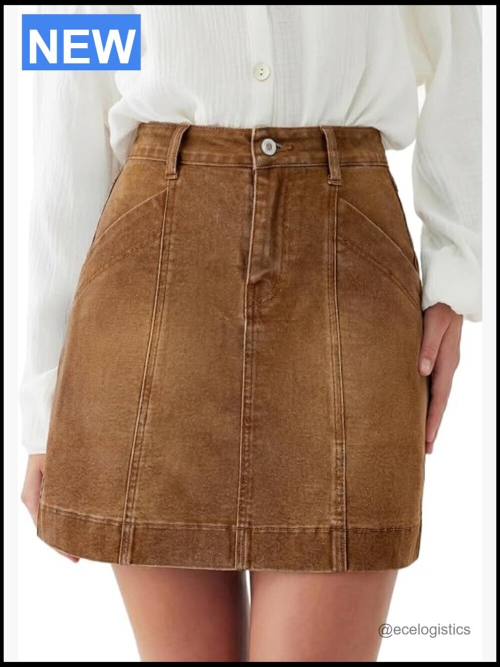 High Waisted Stretch Mini Denim Skirt with Pockets Casual Trendy Front Seam